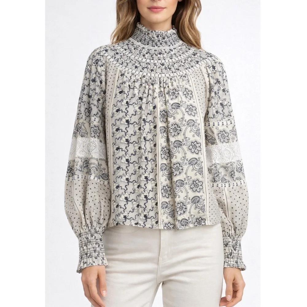HUNTER BELL Bishop Sleeve Smocked Blouse